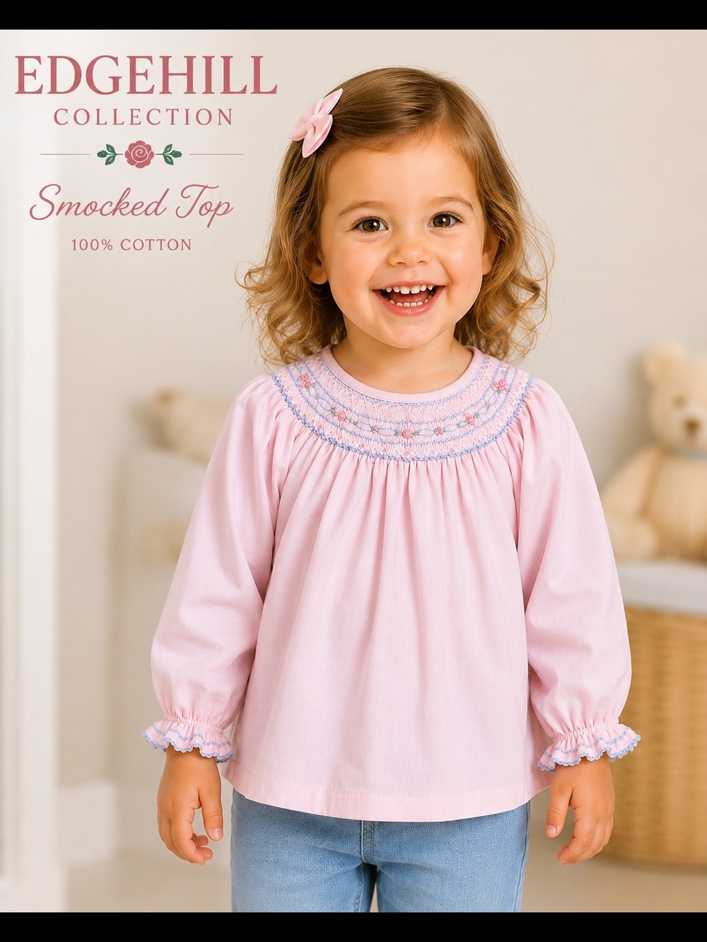 Edgehill Collection Girls Pink Hand Smocked Long Sleeve Top 18M